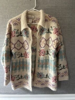 Express Tricot Cream Floral Button-Up Knit Cardigan